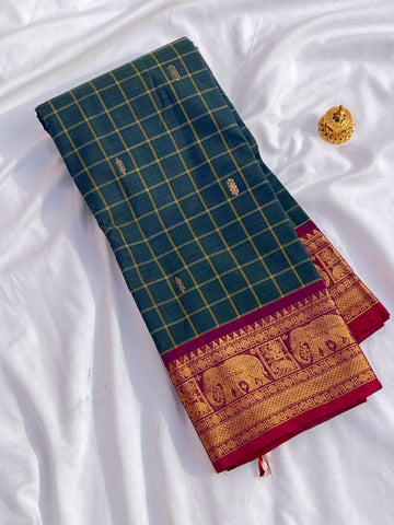 Chettinad cotton saree-green-check butta