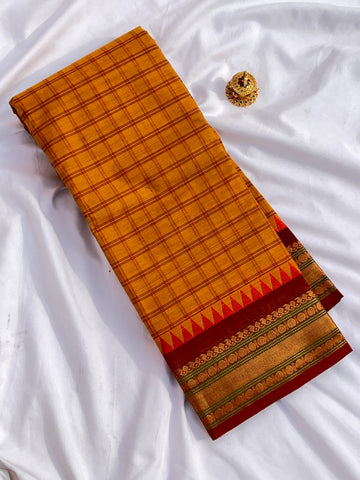 Chettinad cotton saree-orange & brown  korvai check ￼
