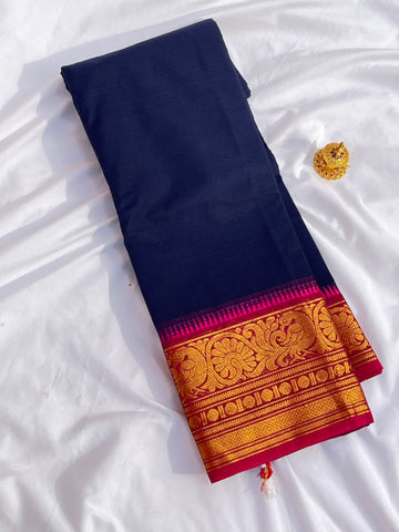 Chettinad cotton saree-blue-red-plain