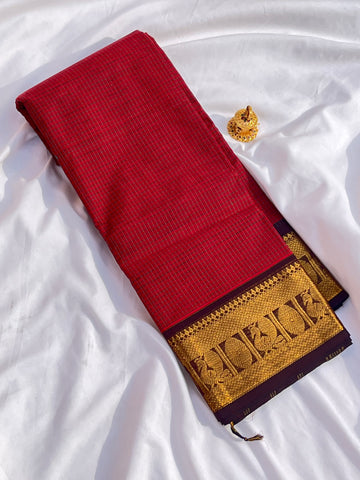 Chettinad cotton saree-Red & brown korvai check