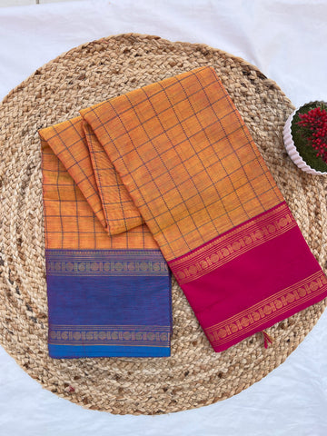 Chettinad cotton yellow &pink -blue checks