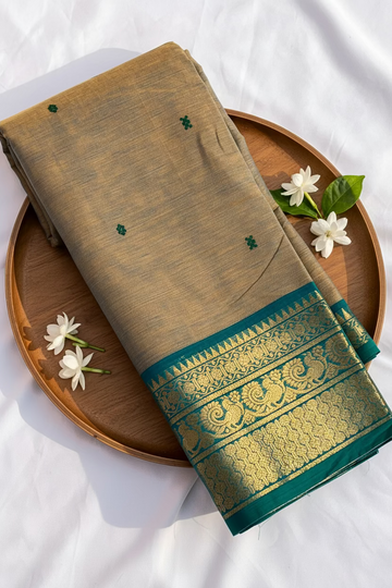 Chettinad cotton saree - biscuit &rama green- Butta