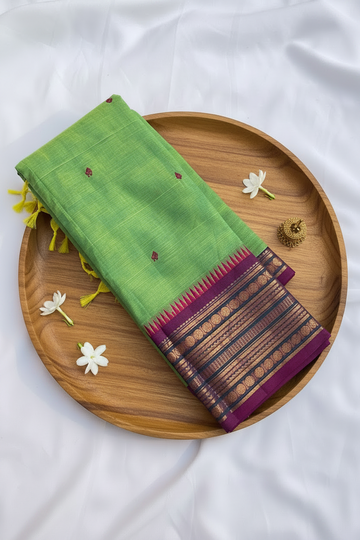Chettinad cotton saree - pastel green and purple- Butta