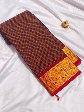 Chettinad cotton saree-brown-red -korvai check