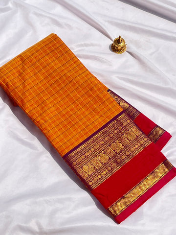Chettinad cotton saree-orange-pink-korvai checks
