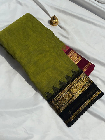 Chettinad cotton saree-green-black & pink -plain