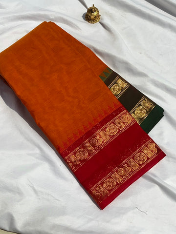 Chettinad cotton saree-orange -red & green-plain