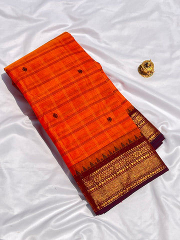 Chettinad cotton saree-orange -brown-checks butta