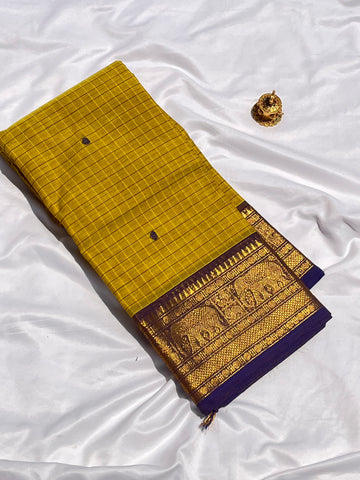 Chettinad cotton saree-yellow-blue -checks butta