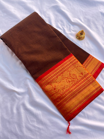 Chettinad cotton saree-brown & red-plain