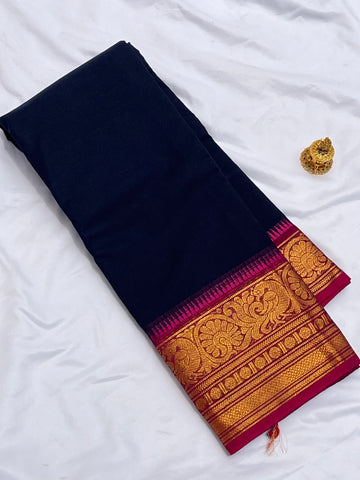 Chettinad cotton navy blue & Pink-Plain