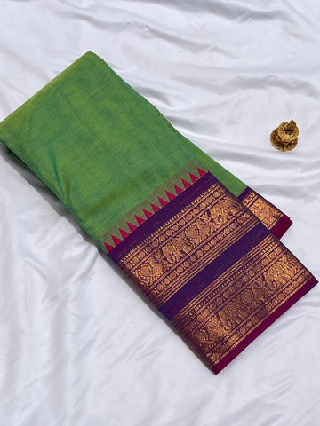Chettinad cotton pastel green & purple-horse plain
