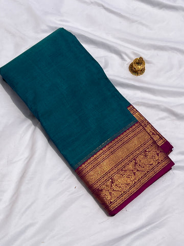 Chettinad cotton teal blue & pink plain