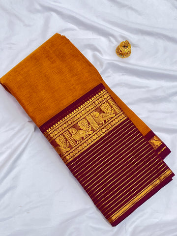 Chettinad cotton mustard yellow & maroon-lines plain