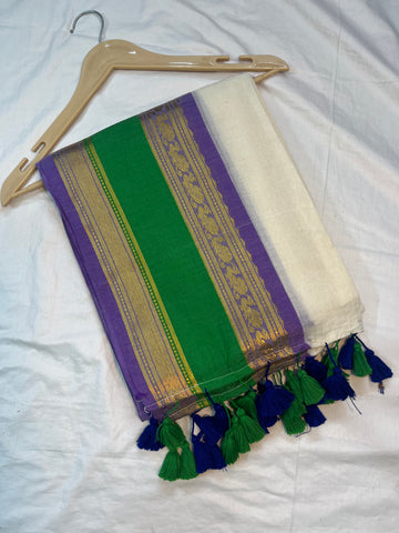 Mul cotton saree - white & green