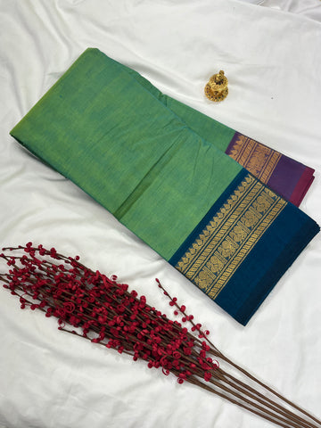 Chettinad cotton saree-light green -blue-plain