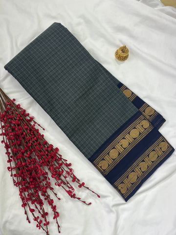 Chettinad cotton saree-ash-blue-Korvai check