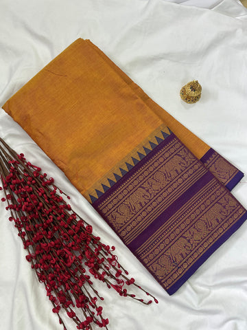 Chettinad cotton saree-yellow-purple-plain