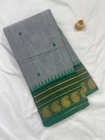Chettinad cotton saree-ash-green-butta