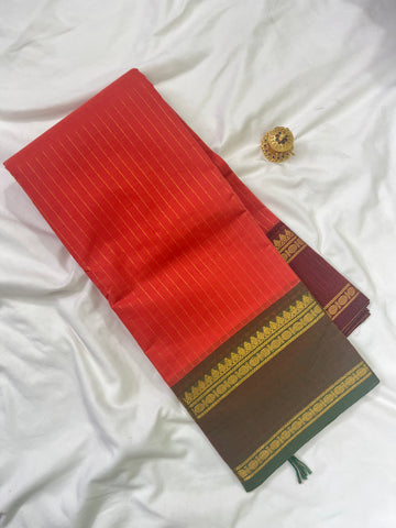 Chettinad cotton saree-orange-green-korvai check