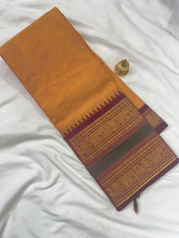 Chettinad cotton saree-yellow -brown-plain