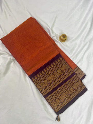 Chettinad cotton saree-orange-maroon-plain