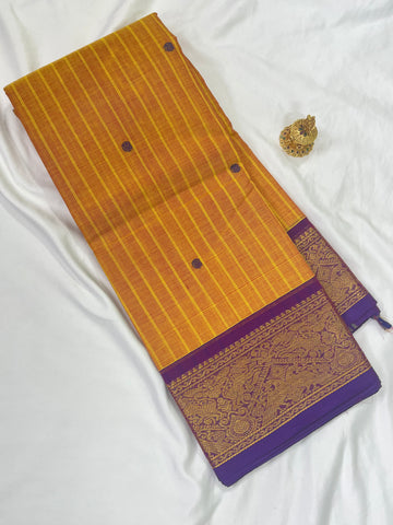Chettinad cotton saree-yellow-purple-checks butta