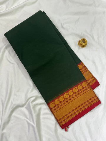 Chettinad cotton saree-green-red-plain