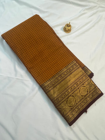 Chettinad cotton saree-orange-brown-checks