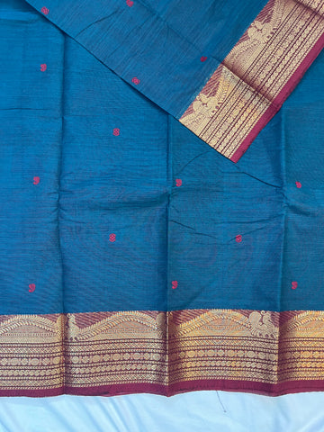 Chettinad cotton saree -teal blue -butta