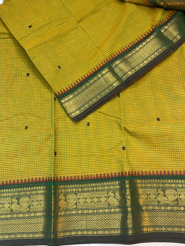 Chettinad cotton saree- yellow &green -checks & butta