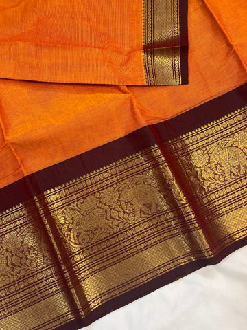Chettinad cotton saree - orange & maroon-plain
