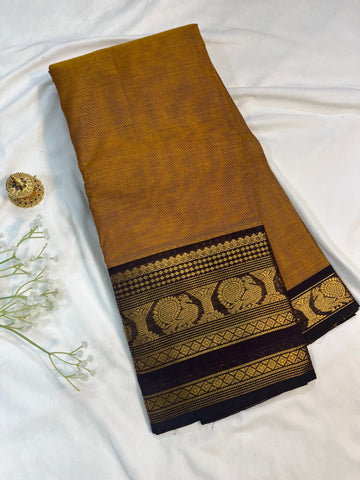 Chettinad cotton saree - mustard & brown - plain
