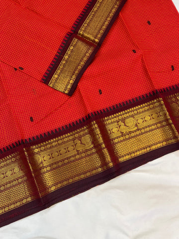Chettinad cotton saree - Red - Checks butta
