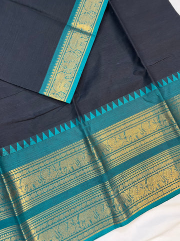Chettinad cotton saree -black & teal blue- plain