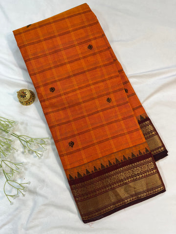 Chettinad cotton saree - Orange and maroon - checks butta