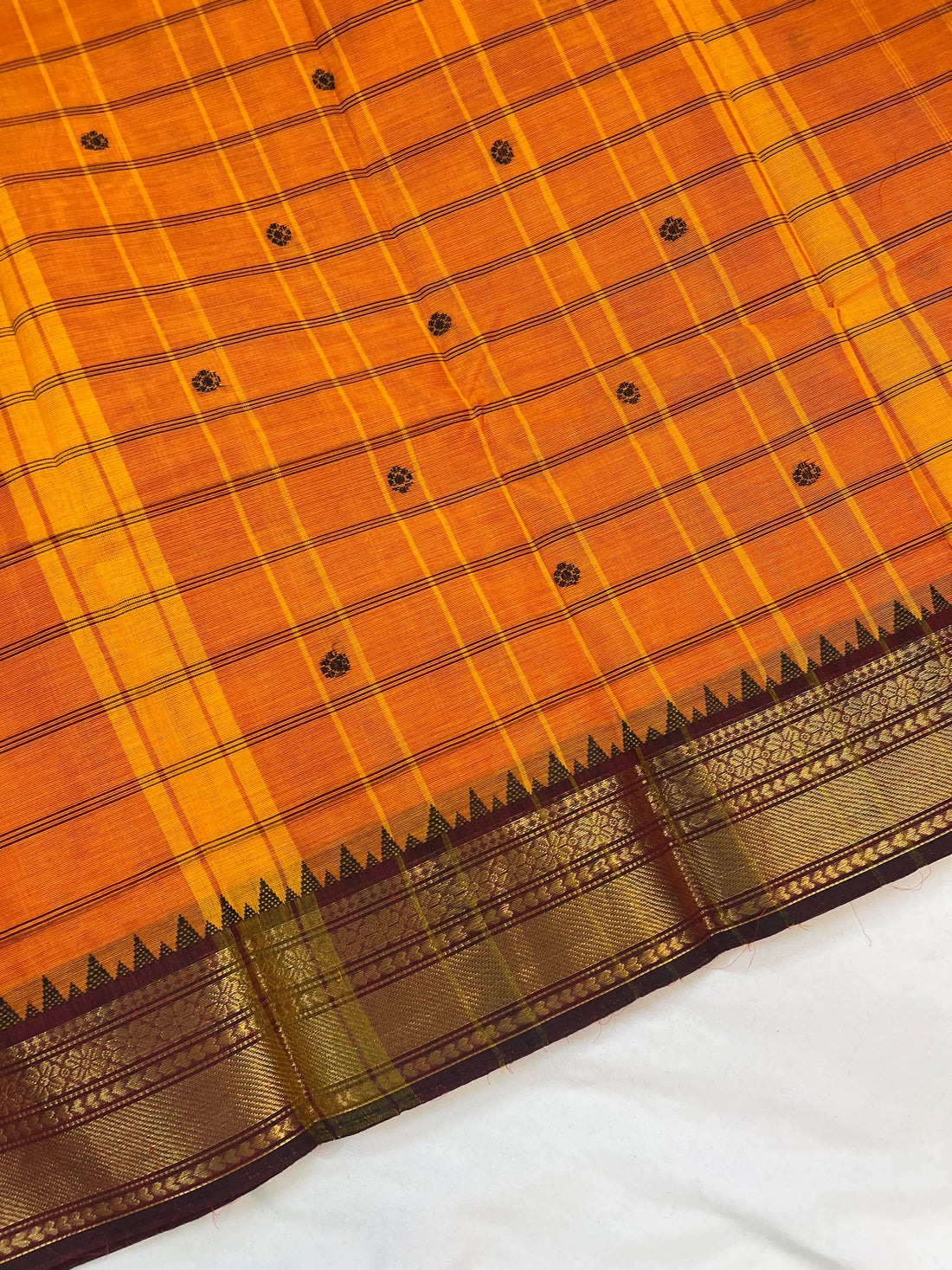 Chettinad cotton saree - Orange and maroon - checks butta