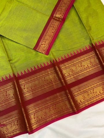 Chettinad cotton saree - green and pink - plain