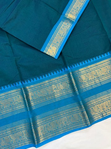 Chettinad cotton saree - bottle green and blue - plain