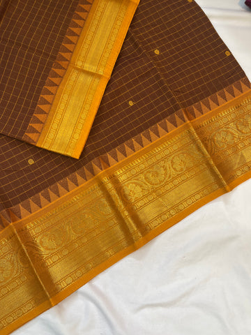 Chettinad cotton saree-brown-yellow-check butta