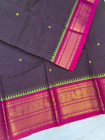 Chettinad cotton saree-green-pink-check butta