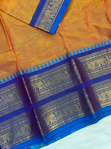 Chettinad cotton saree - orange & blue- plain