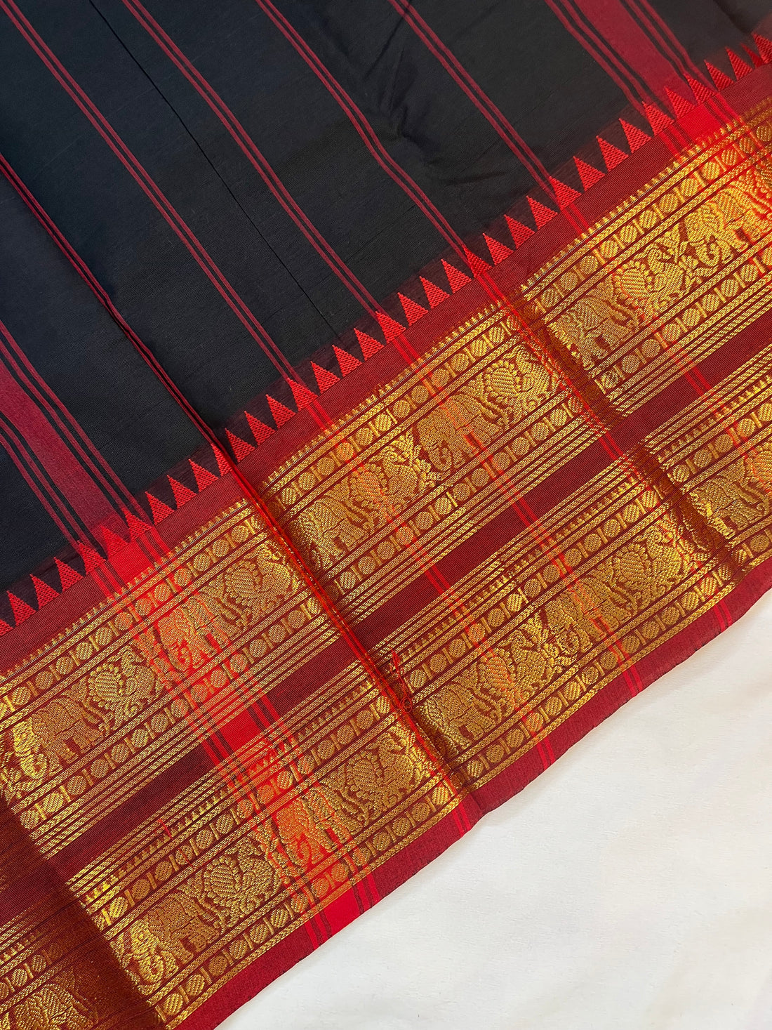 Chettinad cotton saree-black-red-plain