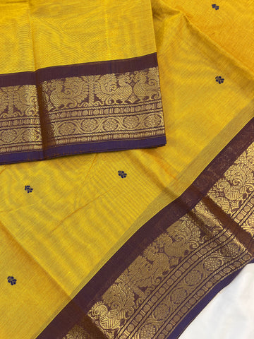 Chettinad cotton saree-yellow-purple-butta