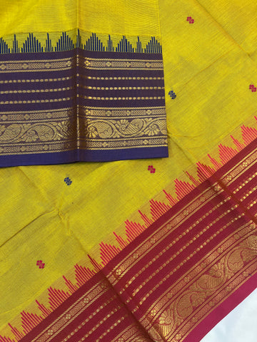 Chettinad cotton saree-yellow-purple-pink-butta