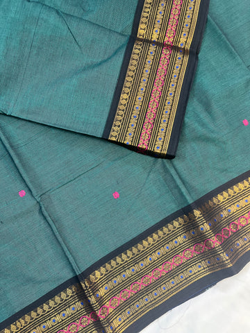 Chettinad cotton saree-teal blue-black-butta