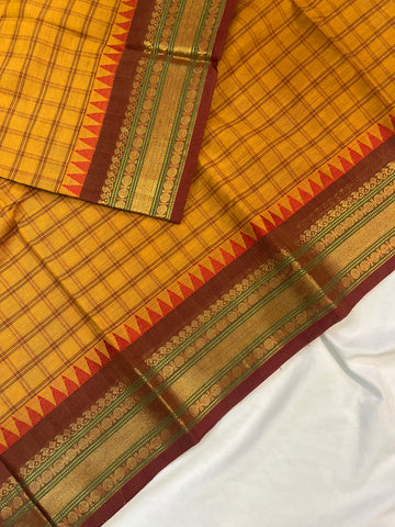 Chettinad cotton saree-yellow-brown-check