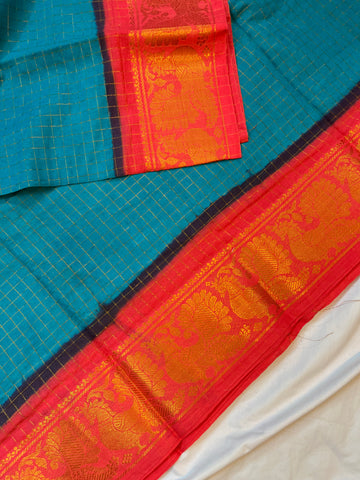 Sungudi cotton saree - blue & red