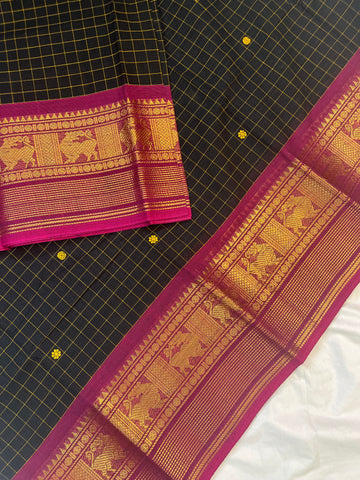 Chettinad cotton saree -black-pink-check butta