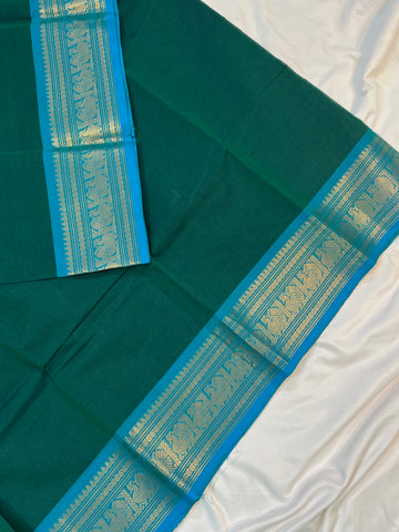 Chettinad cotton saree - green & blue - plain